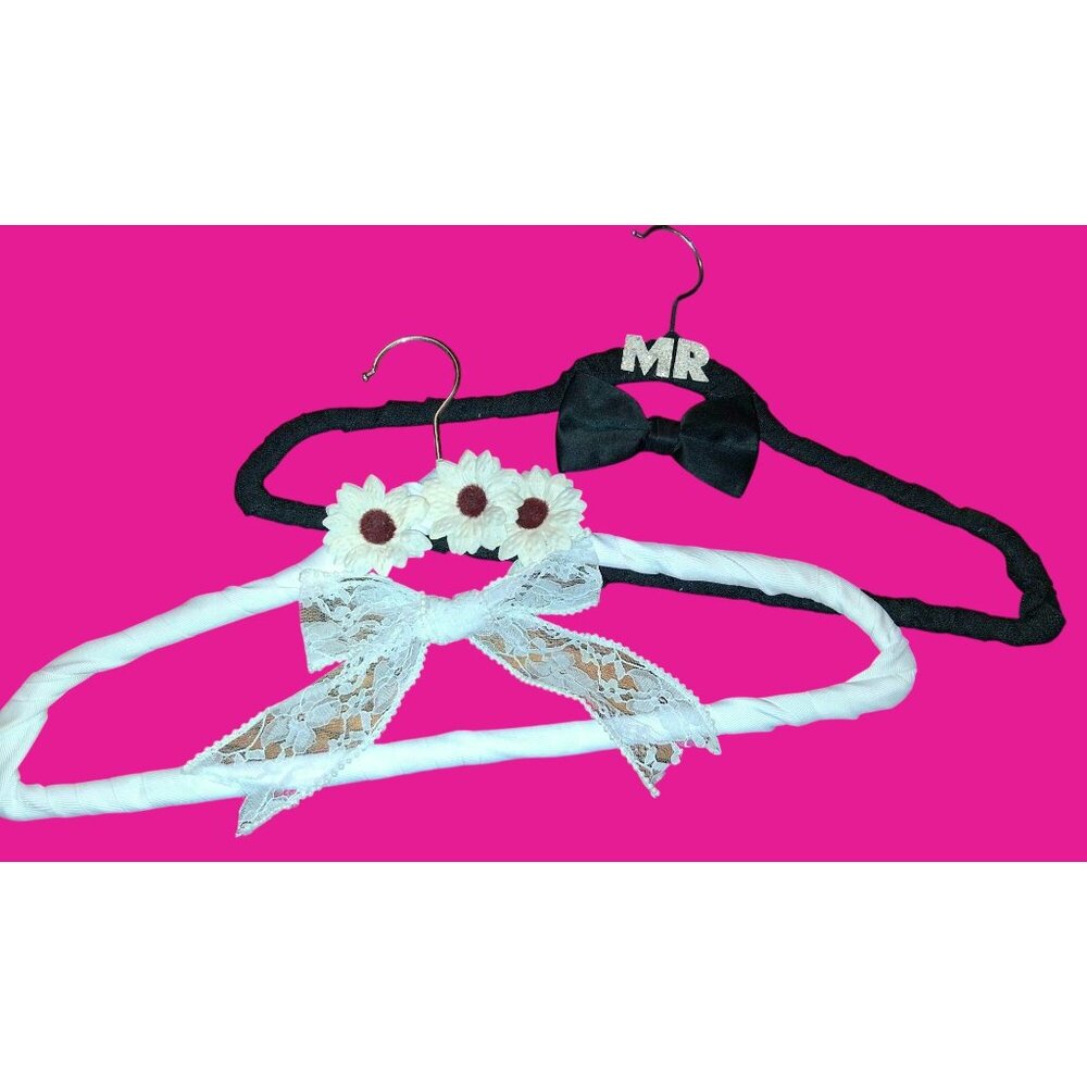 Mr. & Mrs. Wedding Hangers With Lace & Bow Embellishments